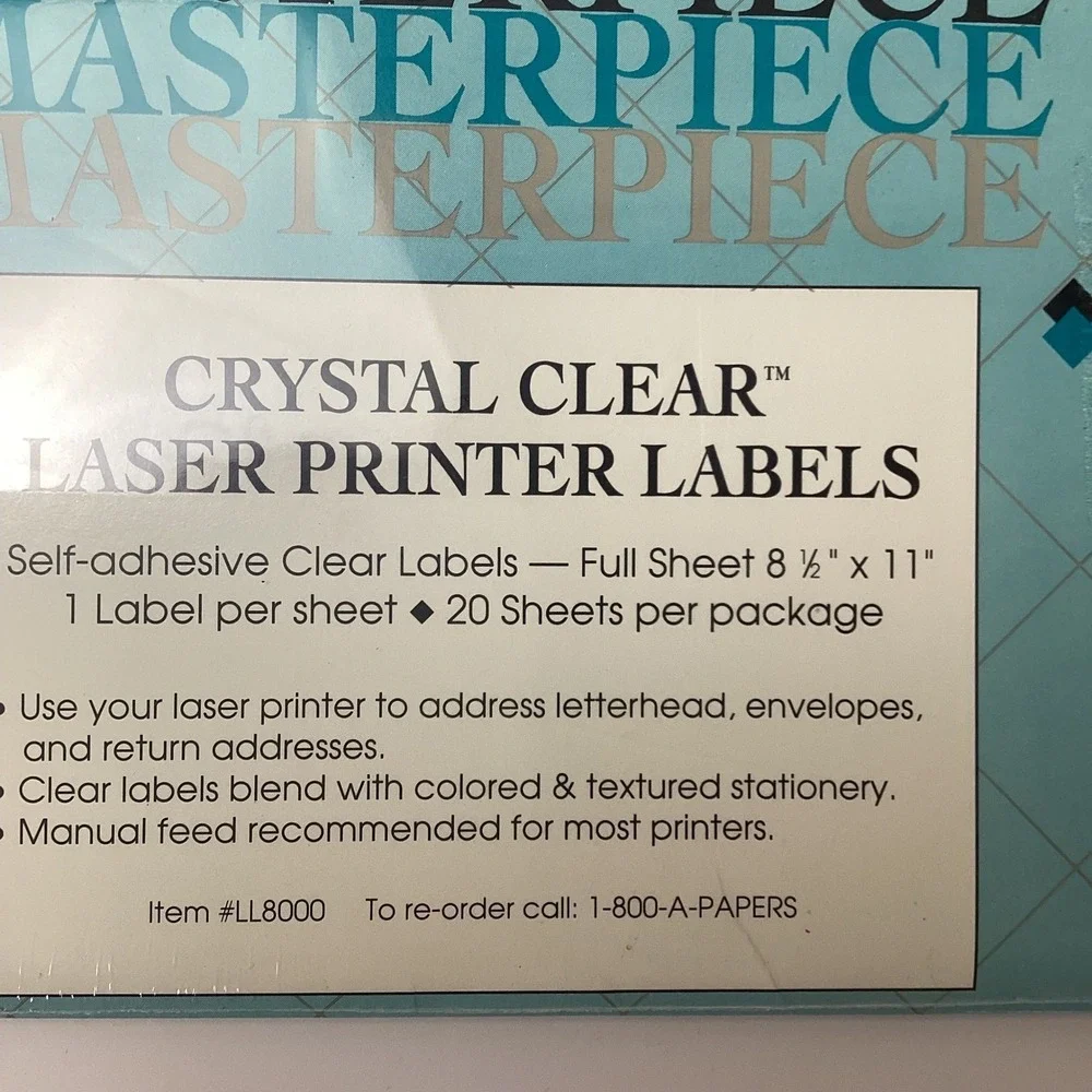 3 Masterpiece Crystal Clear Laser Printer Labels 8.5x11 Full Sheet 3 Packs